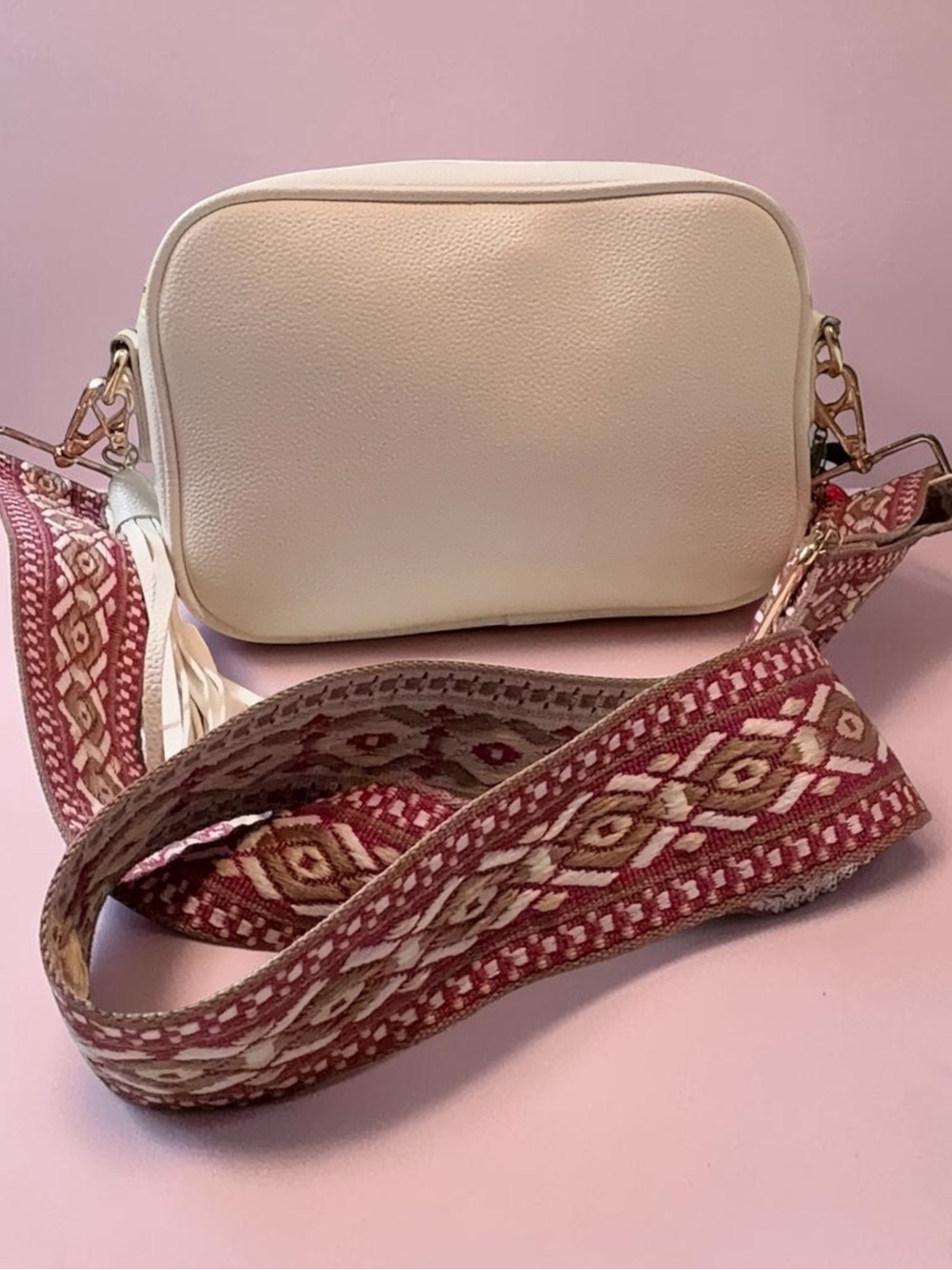 Women's Cream Crossbody Bag with Patterned Strap